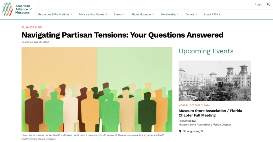 Screenshot of a webpage from the American Alliance of Museum's website featuring the article, Navigating Partisan Tensions: Your Questions Answered.